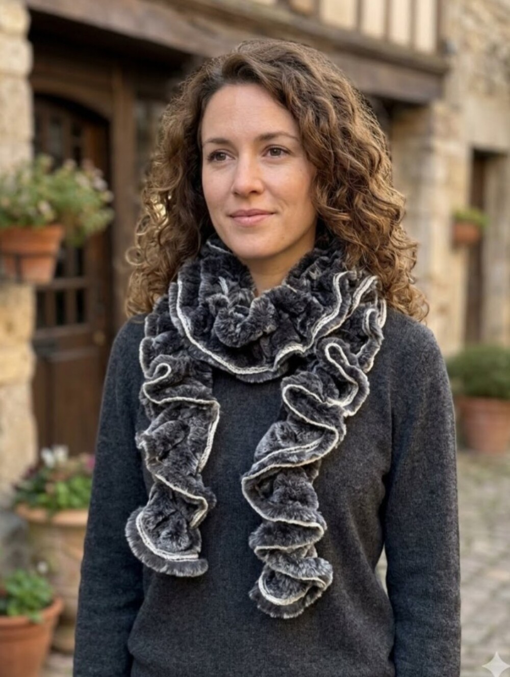 Handmade Faux Fur Ruffle Knit Scarf Mottled Gray OS